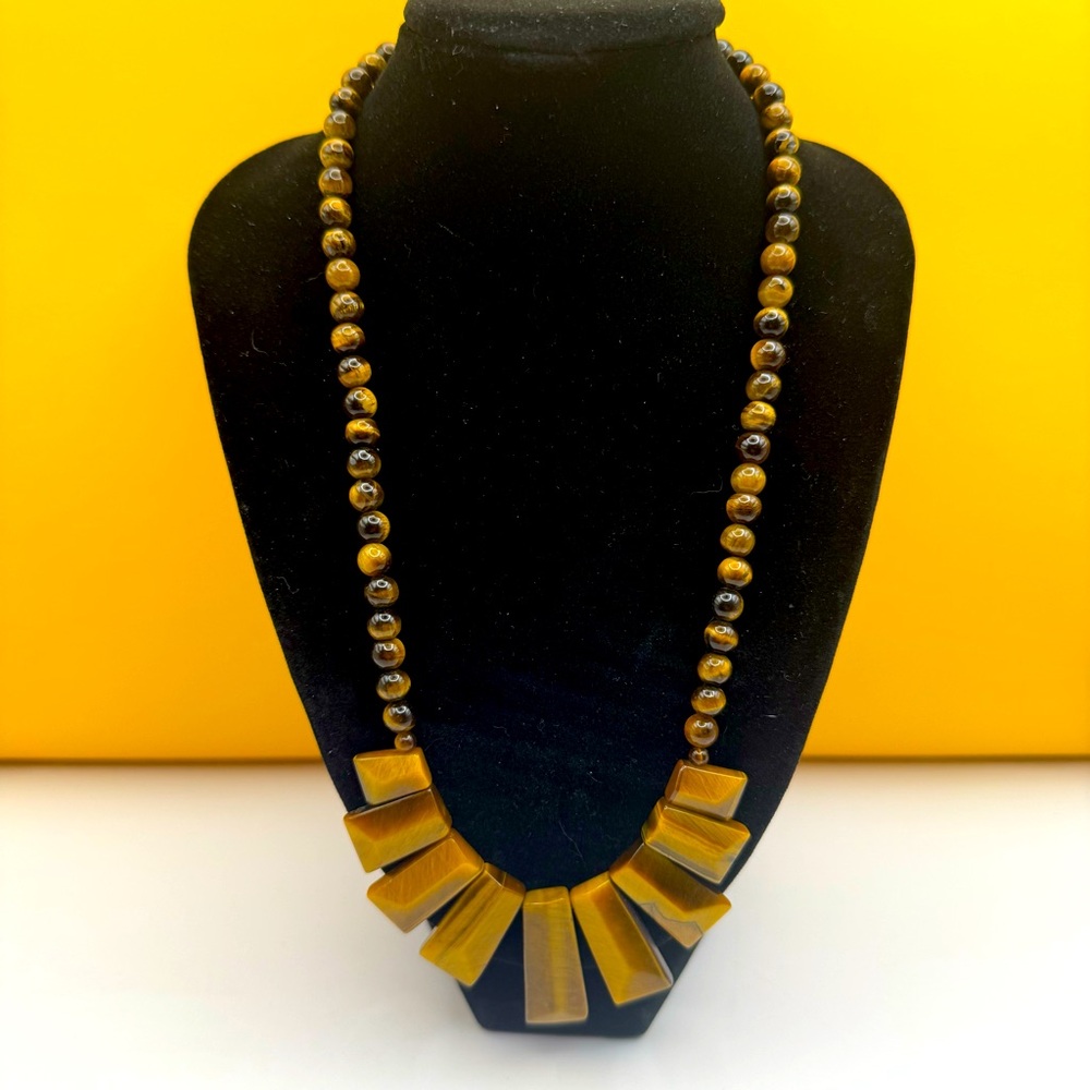 Tiger’s Eye Gemstone Beaded Bib Necklace 18.5”